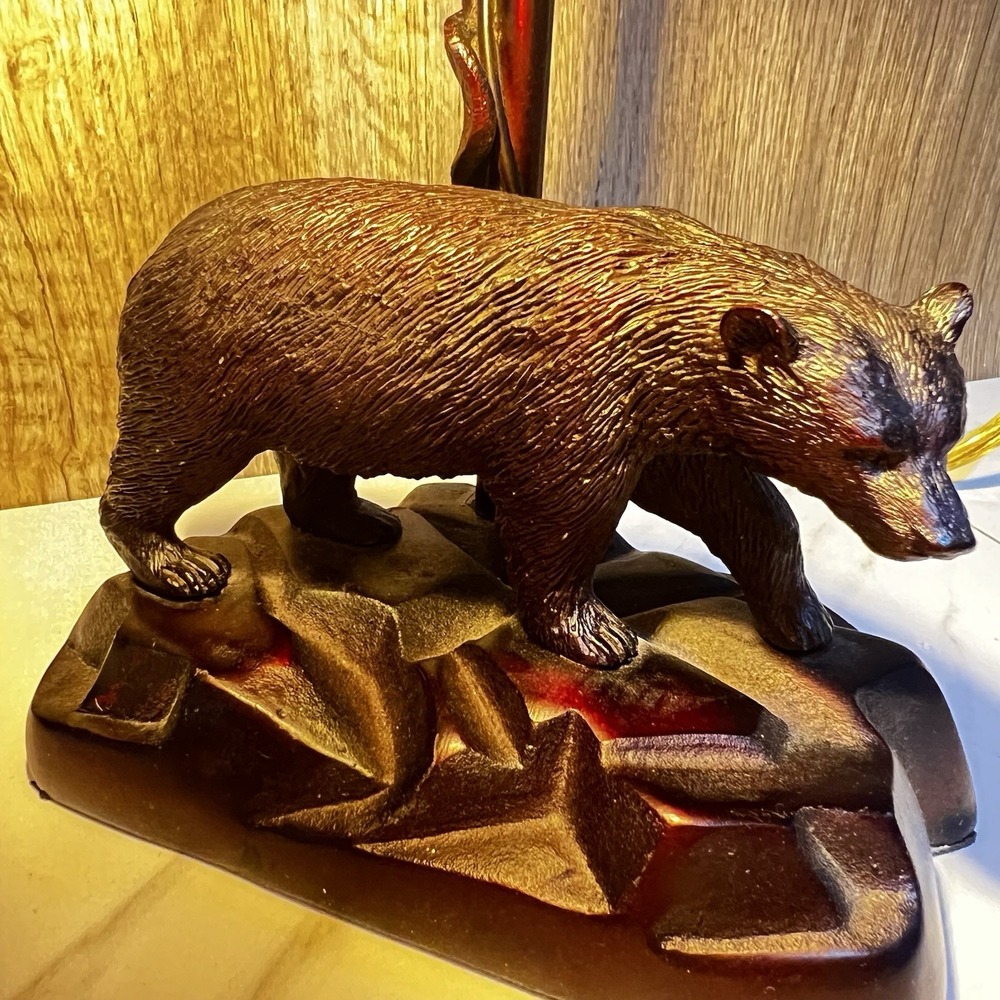 Vtg Art Nouveau/Liberty Metal Bear Lamp Amber Glass Shade MINT Cabin/Lake Decor - Picture 3 of 8